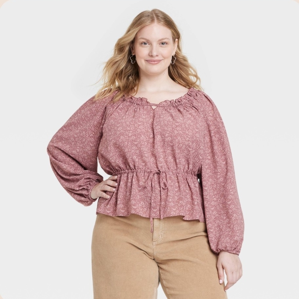 Universal Thread Women's Balloon Long Sleeve Floral Print Mauve Blouse Size XXL